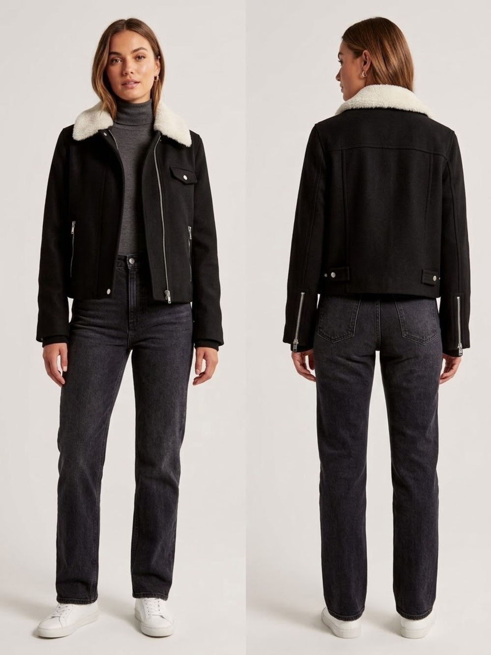 Madewell wool-cashmere bland Black Teddy-Collar Jacket with Cream Shearling XL